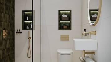 Shower, hair dryer, slippers, towels