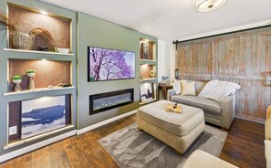 Tv, eldstad och en stereo