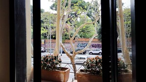 A view through a window with potted plants, a street with cars, and trees. - 4bnb - Spacious Porta Pia Apartment (Rome)