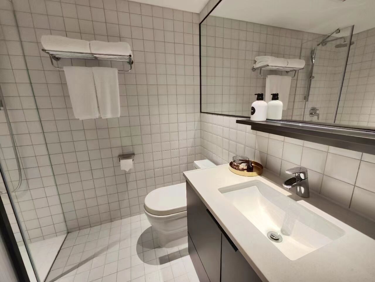 Een moderne badkamer met toilet, wastafel en douche.