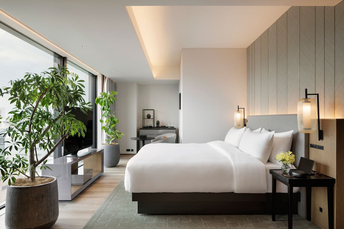 A modern hotel room with a large bed, a desk, a chair, a potted plant, and a view of the city.