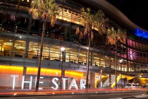 Een meerlaags hotel met een opvallend ‘THE STAR’ bord, palmbomen en een modern architectonisch ontwerp.