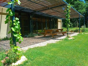 Belle sensation de fraicheur sous la pergola végétalisée de vignes et de clématites