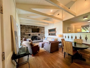 Smart TV, chimenea, libros