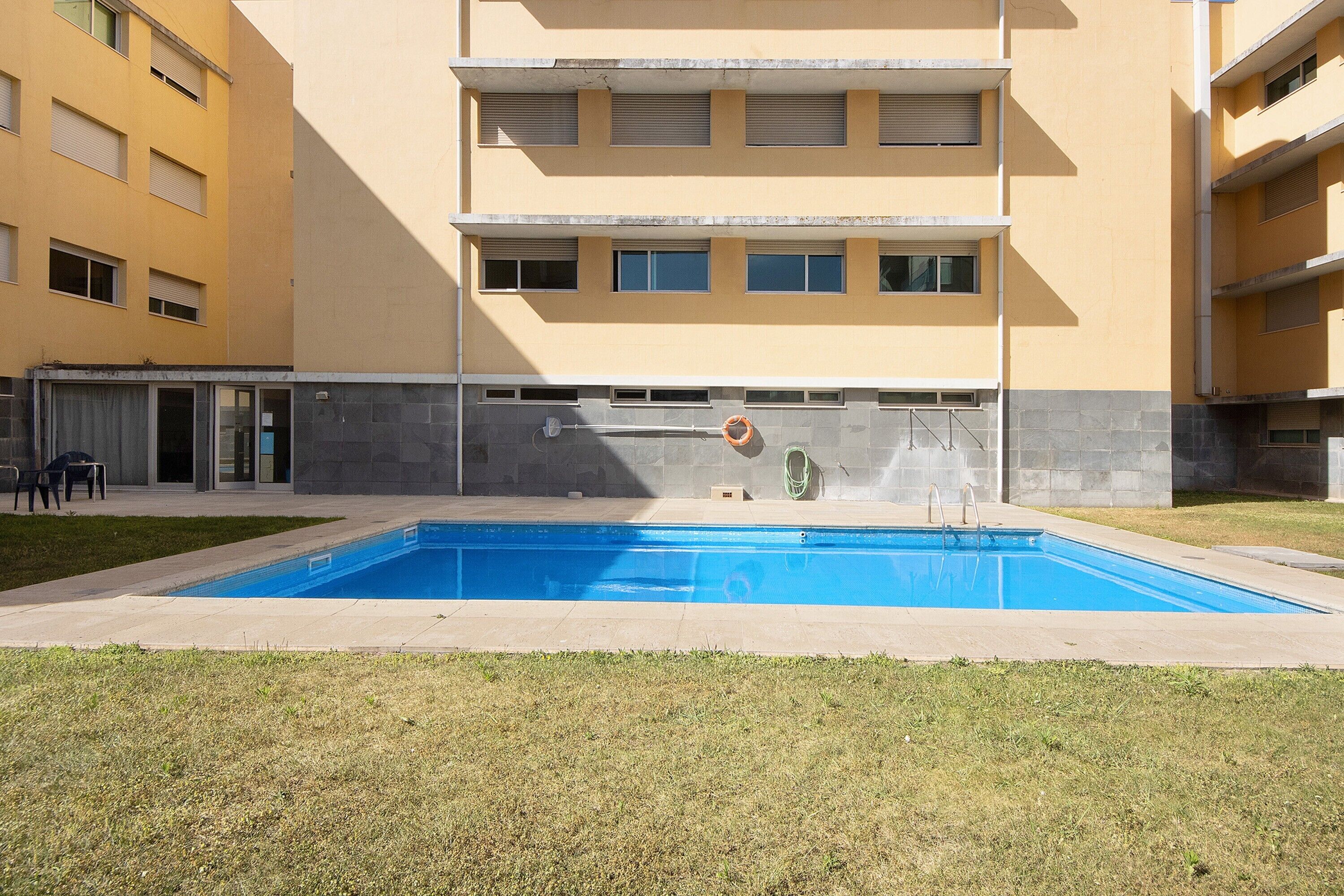 Une piscine à l’eau d’un bleu limpide, entourée d’une terrasse en béton et d’une pelouse.