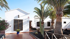 A courtyard with white buildings, palm trees, and a blue planter with flowers.