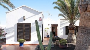 A white building with a door and windows, surrounded by cacti and a palm tree.