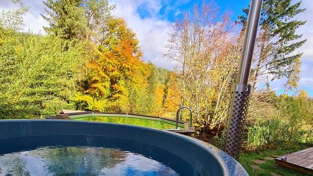 A hot tub surrounded by a wooden deck, with a metal structure to the right, set against a backdrop of trees and a clear sky. - Le Chalet Cosy - Label Valeurs Parc Naturel Régional (Weiterswiller)
