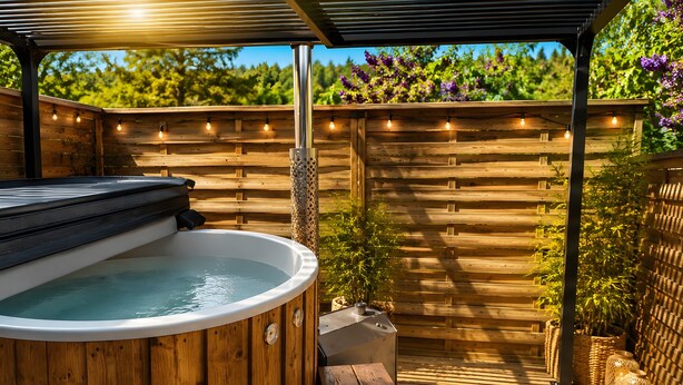 Una terraza de madera con un jacuzzi, bancos de madera y una pérgola con luces colgantes.