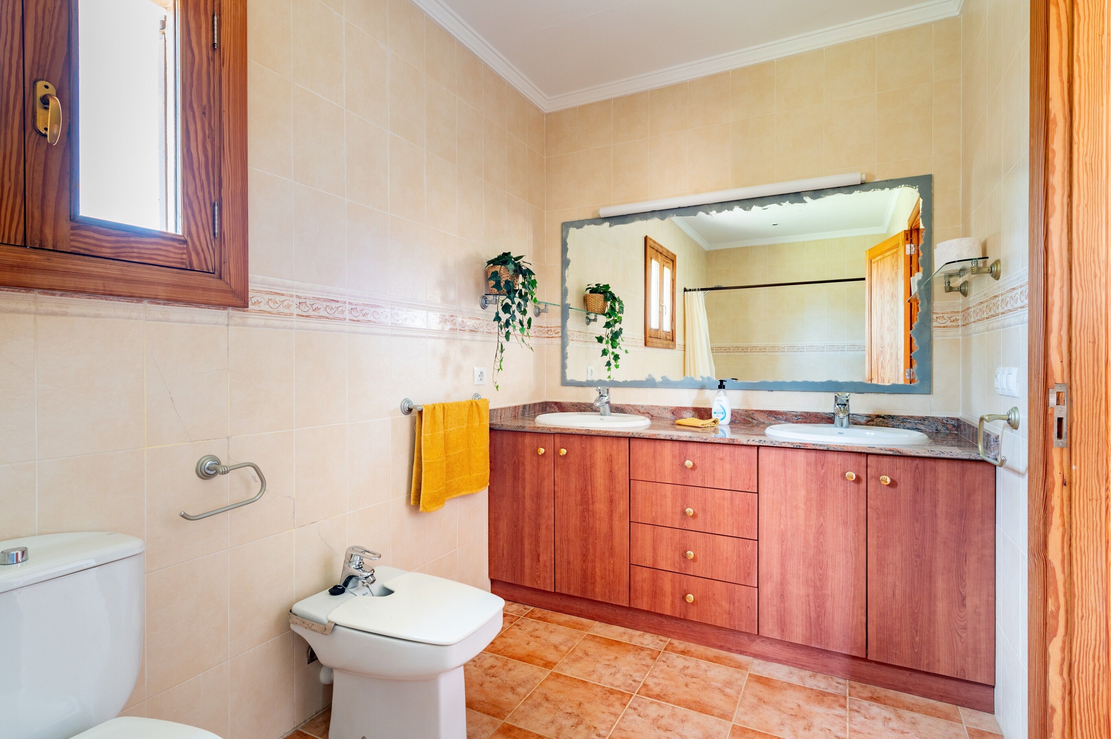 A bathroom with a toilet, sink, and mirror.