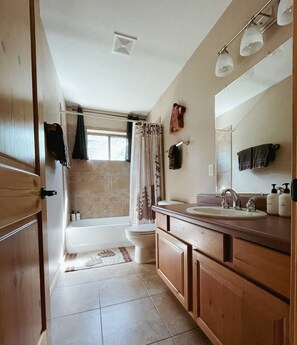 Kombination af bruser/badekar, hårtørrer, håndklæder