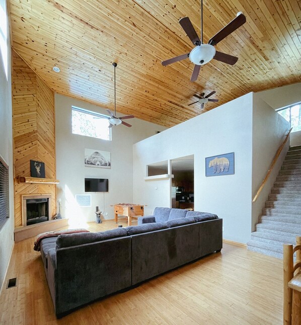 Smart TV, fireplace, video games, table football