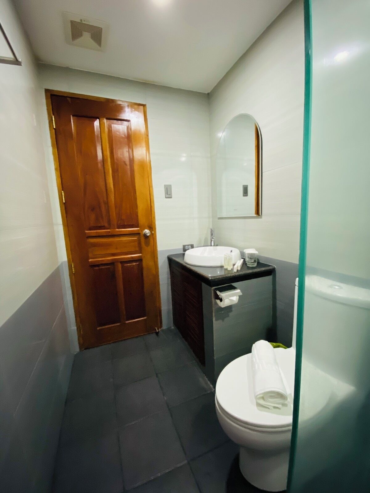 Un bagno con una porta in legno, un lavabo con uno specchio sopra e un water.