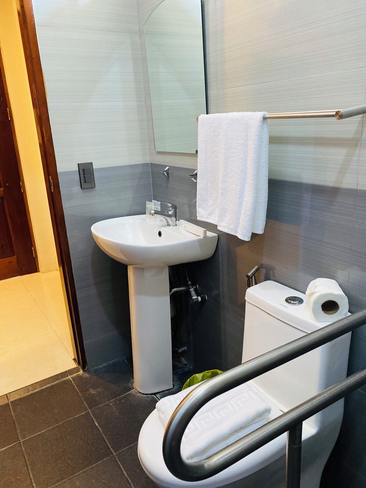 A bathroom with a sink, toilet, and a towel rack.