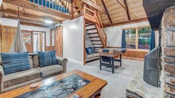 Smart TV, fireplace, foosball, books