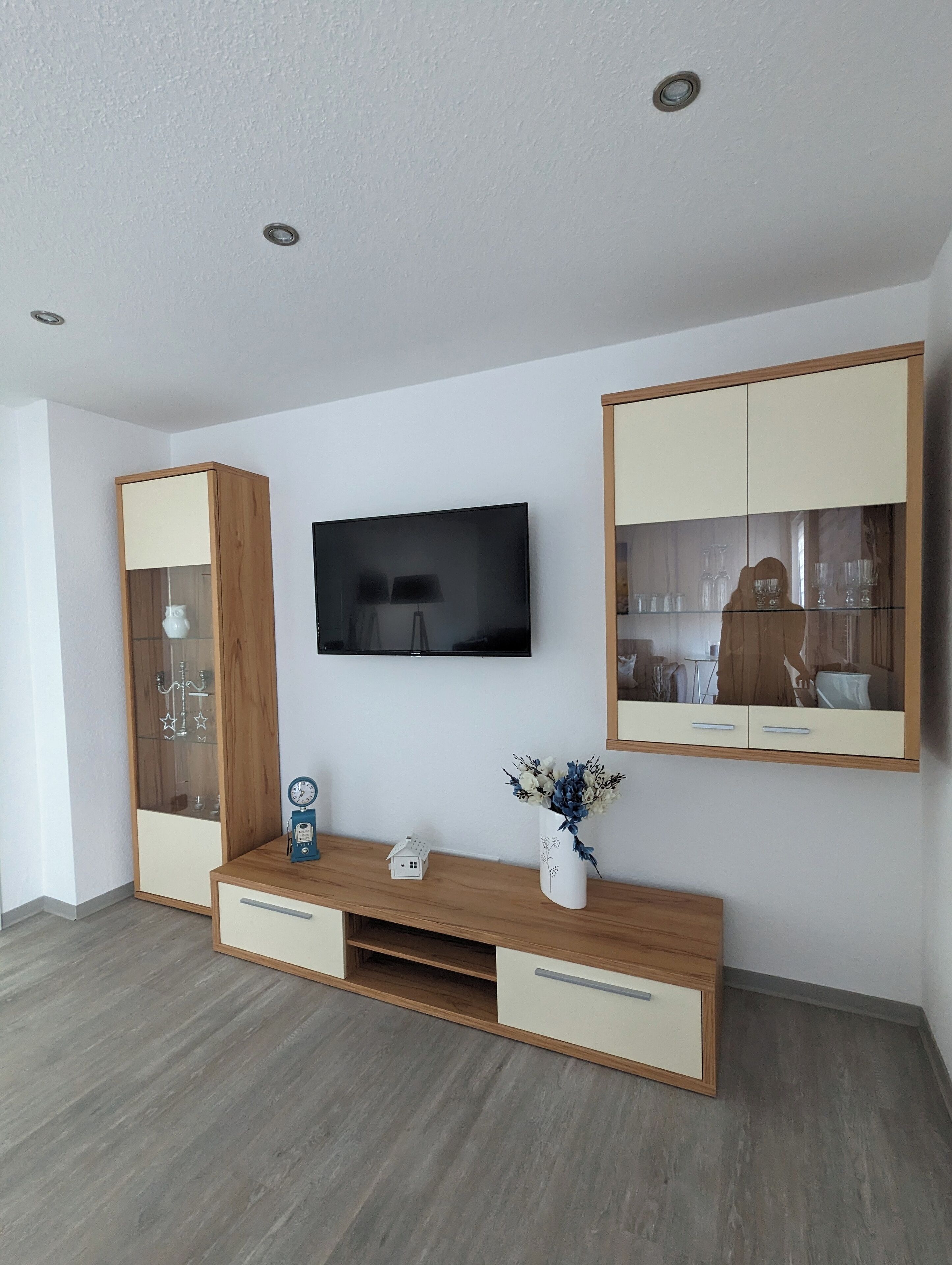 Een moderne woonkamer met een flatscreen televisie aan de muur, een houten kast met glazen deuren, en een klein houten tafeltje met een vaas.