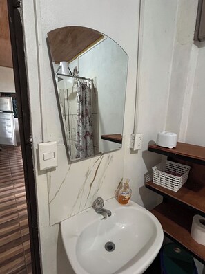 Hair dryer, towels, soap, shampoo