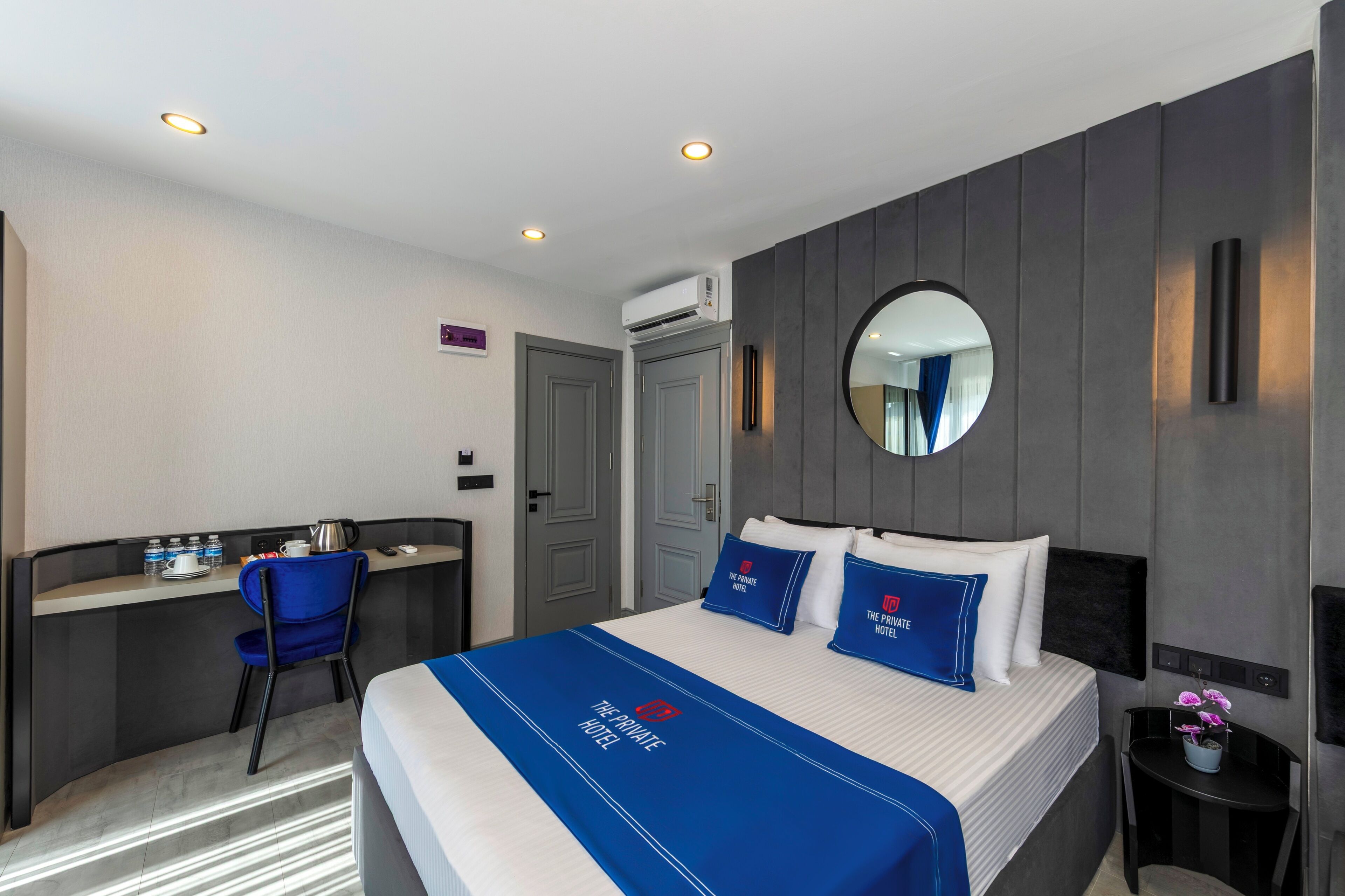 A hotel room with a bed, a desk, a chair, and a small table with a plant.