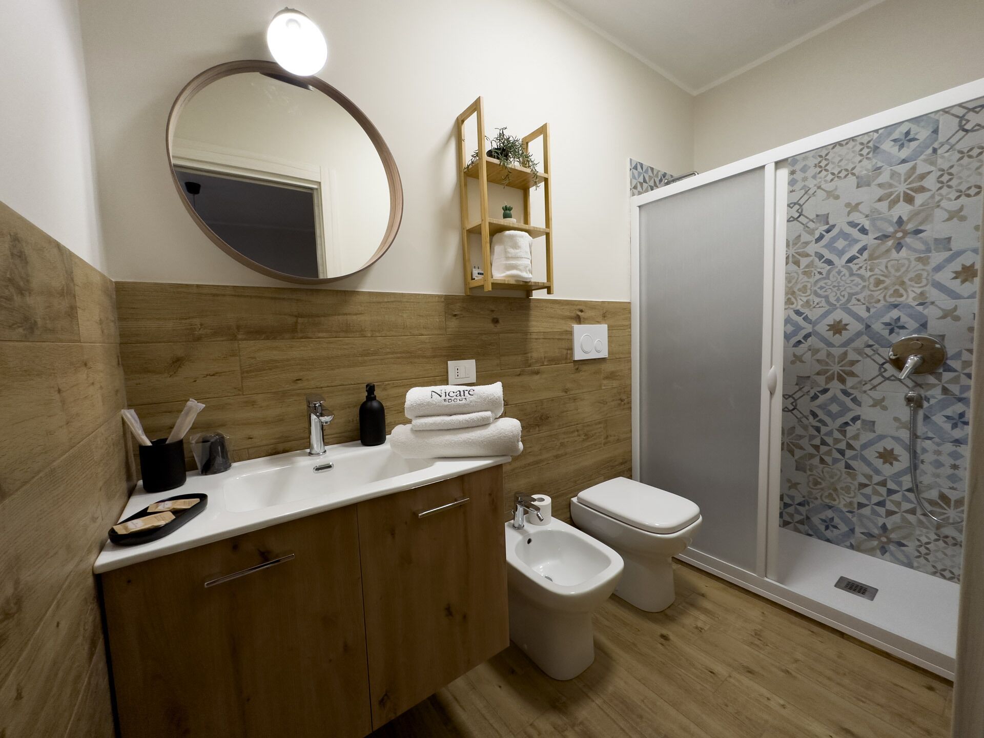 Shower, hair dryer, bidet, towels