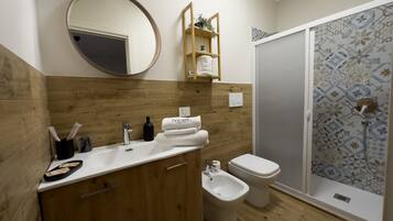 Shower, hair dryer, bidet, towels