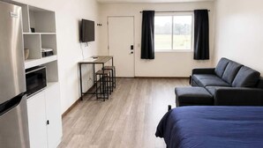 Ein Zimmer mit einem Bett, einem Schlafsofa, einem Schreibtisch mit Stühlen, einem Fernseher und einem Fenster mit Vorhängen.