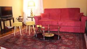 Una sala de estar con un sofá rojo, una mesa de centro de vidrio, un televisor y un tapete estampado.
