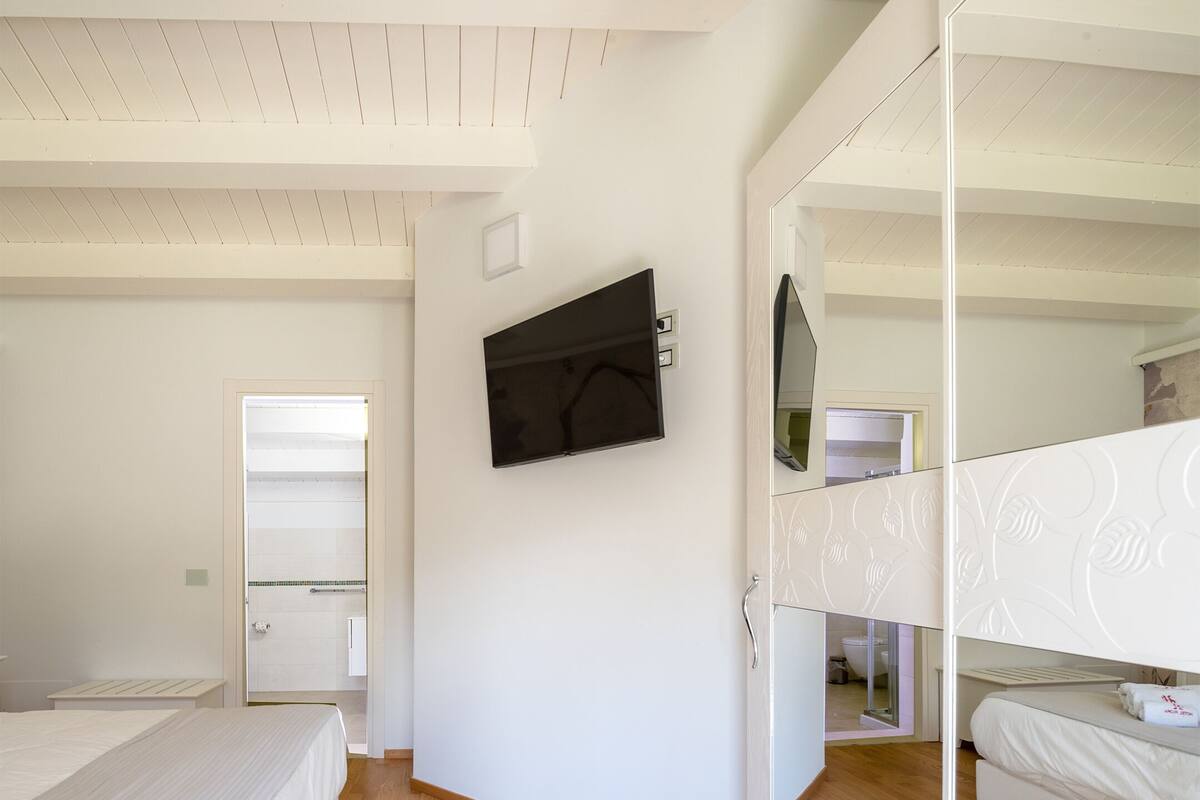 A bedroom with a bed, a TV, a mirror, and a wooden floor.