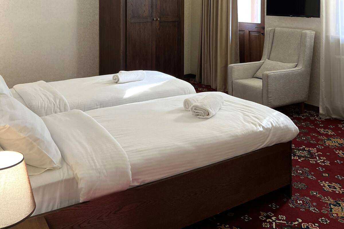 A hotel room with two beds, a wooden wardrobe, a chair, a TV, and a patterned carpet.