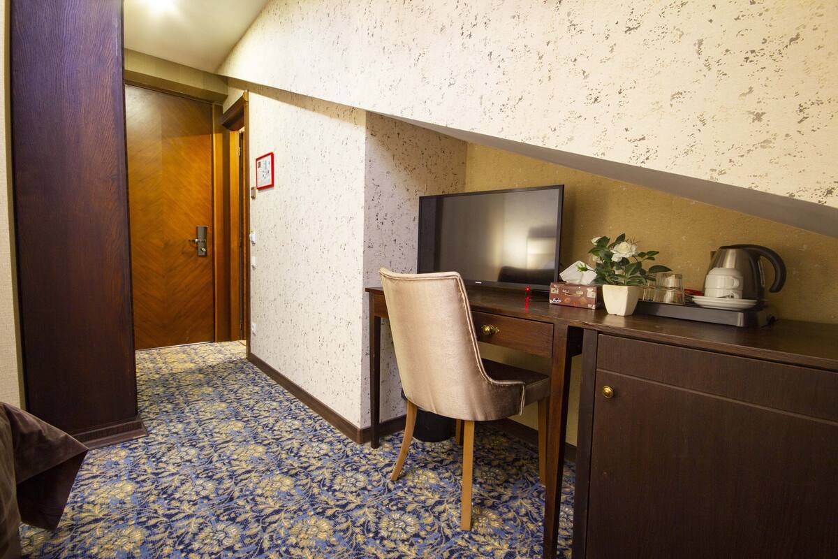 A hotel room with a wooden desk, a television, a chair, a coffee maker, and a potted plant.
