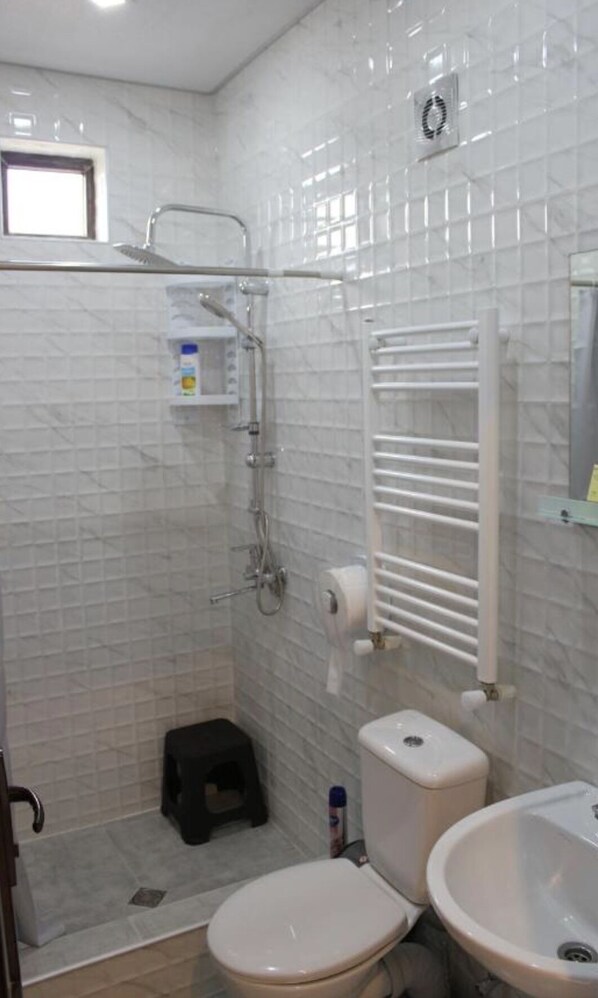 A bathroom with a shower, toilet, and sink. - Come &Rest (Kazbegi)