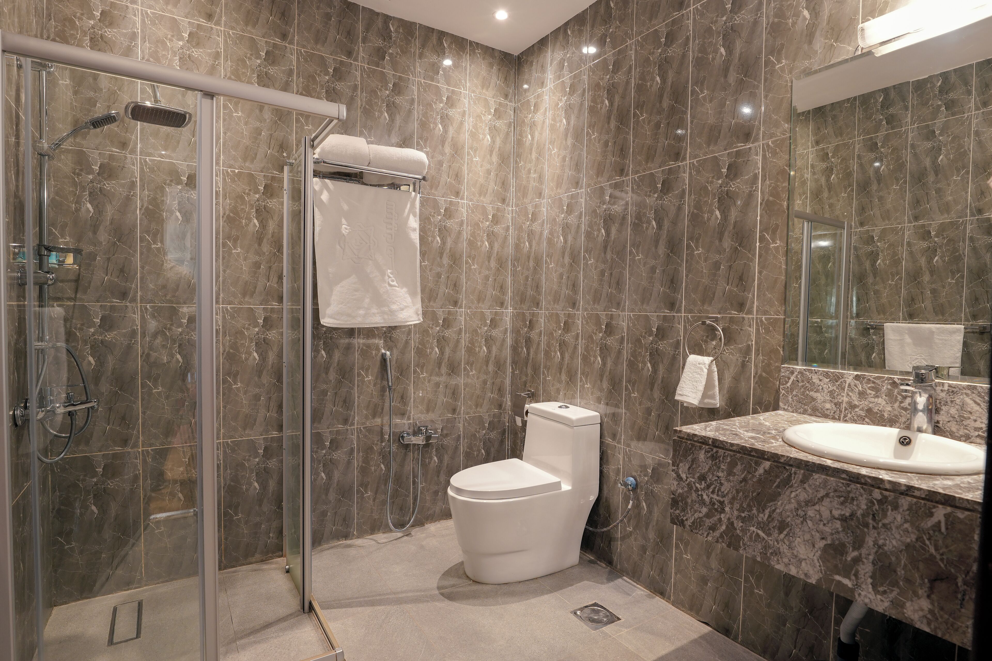 A modern bathroom with a glass-enclosed shower, a white toilet, and a marble countertop sink.
