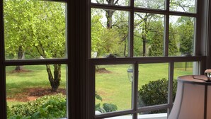 A view through a window with a white railing, a lamp, and greenery outside.