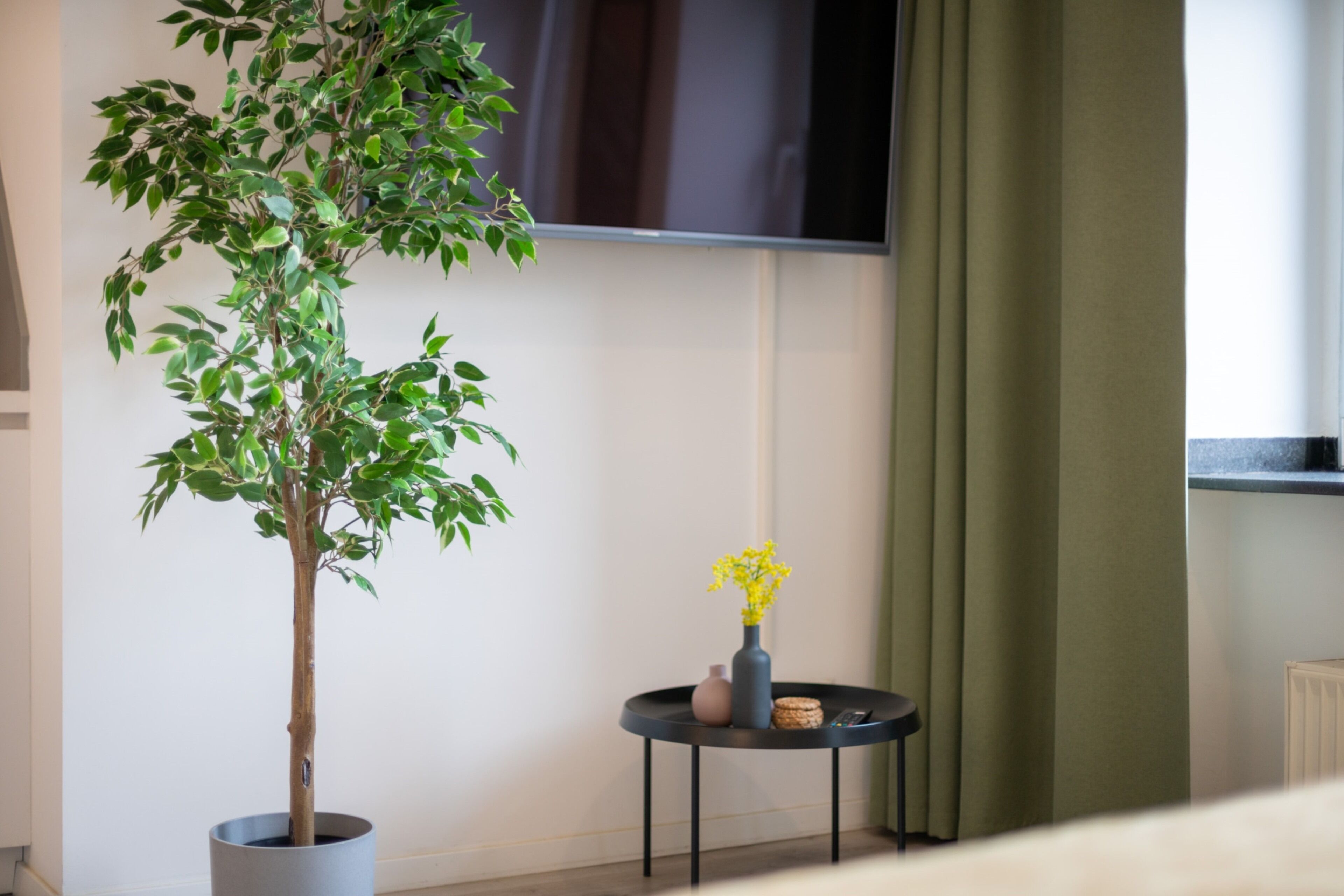 A potted tree with green leaves, a small table with a vase of yellow flowers, and a green curtain in a room with a white wall and a window.
