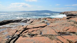 Una costa rocosa con olas rompiendo en la orilla.