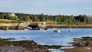 Paisaje costero con muelle, barcos y un fondo boscoso.