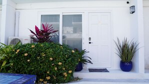 A white building with a double door, a small potted plant, and a potted plant on the steps. - Modern Paradise Island Condo near Atlantis resort & beach (Nassau)