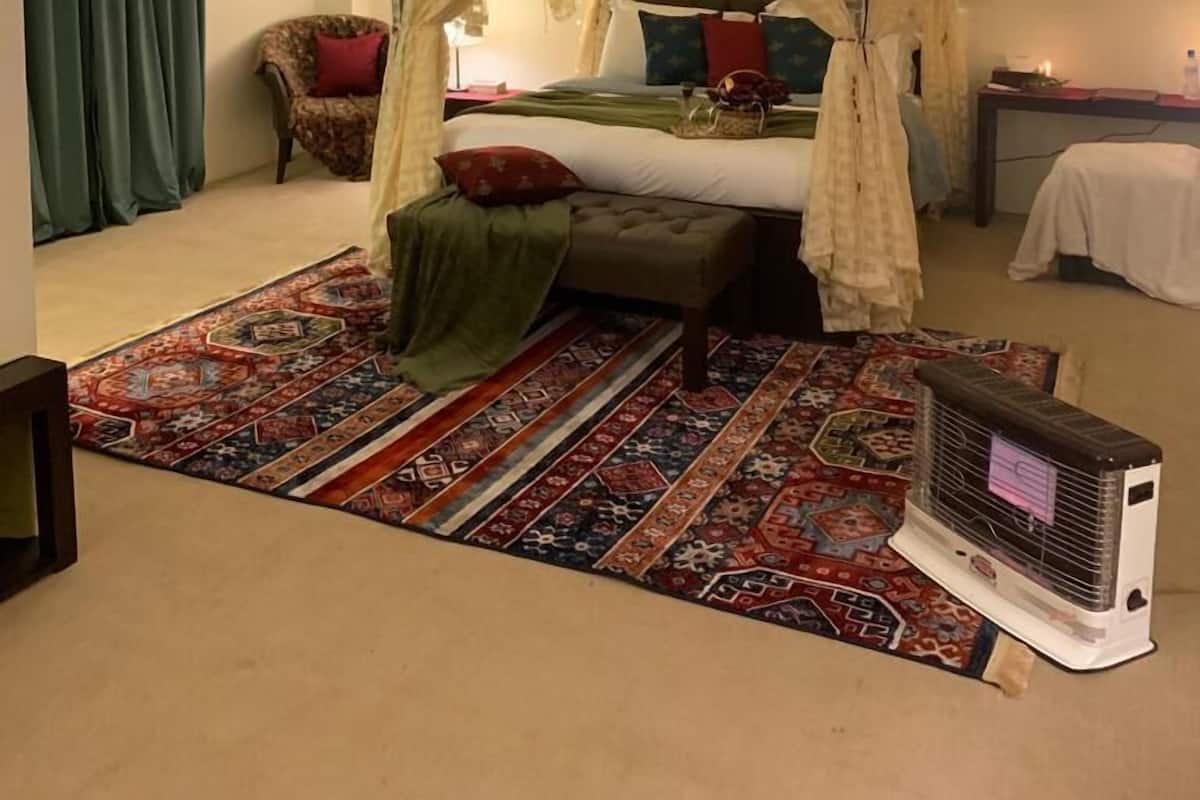 A bedroom with a four-poster bed, a patterned rug, a heater, and a chair with a red cushion.