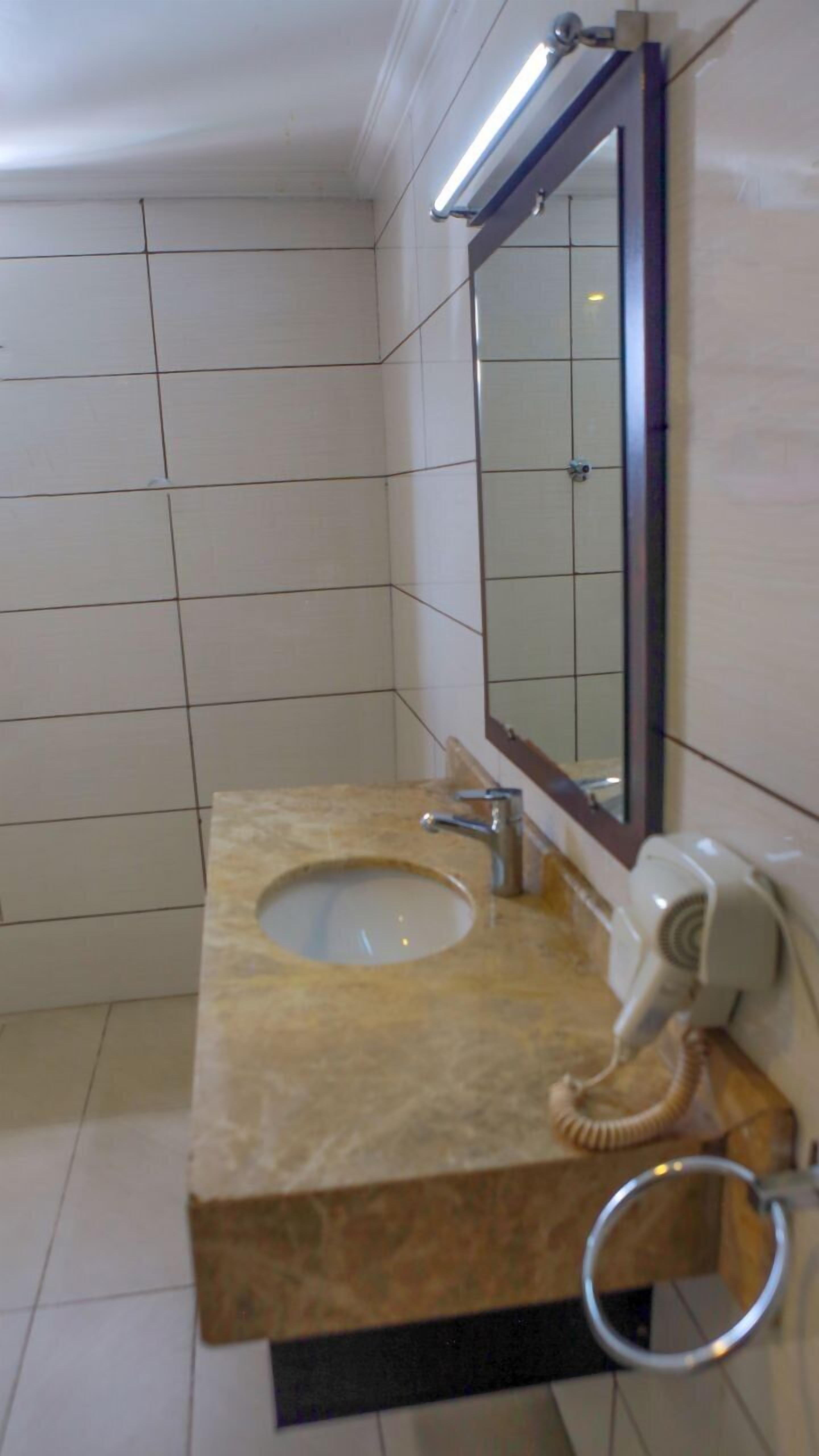 Een badkamer met een marmeren wastafel, een spiegel en een haardroger.