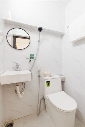 Shower, jetted bath, hair dryer, bidet