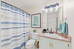 Jetted tub, hair dryer, towels, soap