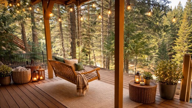 A wooden deck with a hanging swing chair, surrounded by potted plants and string lights. - Stunning and Luxurious Riverfront home for 6 with two king beds. Pet Friendly! (Westwood)