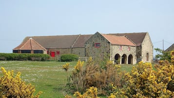 A stone building with a red door and multiple windows, surrounded by a grassy field and yellow flowering bushes.