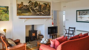 Een gezellige woonkamer met een open haard, een televisie en comfortabele zitplaatsen.