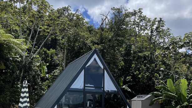 Un espace piscine extérieur moderne, doté d’une piscine au design géométrique, entouré d’un chemin de gravier et d’une végétation luxuriante.