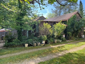 A rustic wooden house with a tiled roof, surrounded by lush greenery and a gravel path. - B&B Les Truffières in the heart of nature (Trémolat)