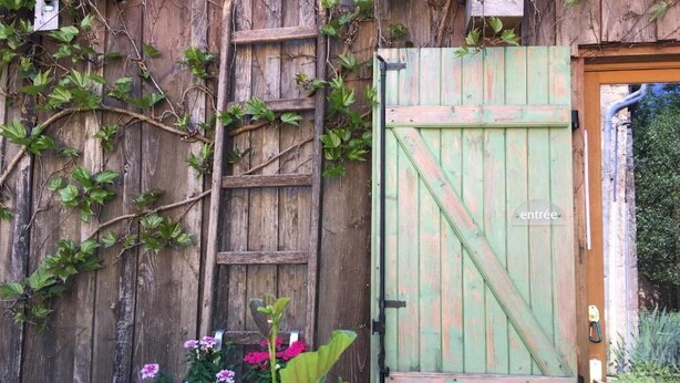 A rustic wooden gate with a green door, a wooden ladder leaning against the wall, and flowering plants in front. - B&B Les Truffières in the heart of nature (Trémolat)