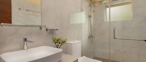 A modern bathroom with a large white sink, a glass shower enclosure, and a toilet.