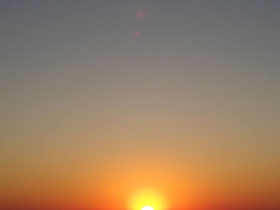 Un coucher de soleil sur une mer calme, avec un horizon dégagé.