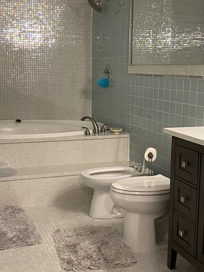 Een douche, een bubbelbad, een haardroger, een bidet
