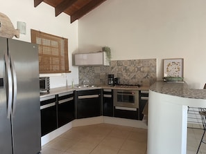 Fridge, oven, electric kettle, toaster
